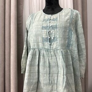 easel Sage Green Textured Peasant Blouse with Lace Insets